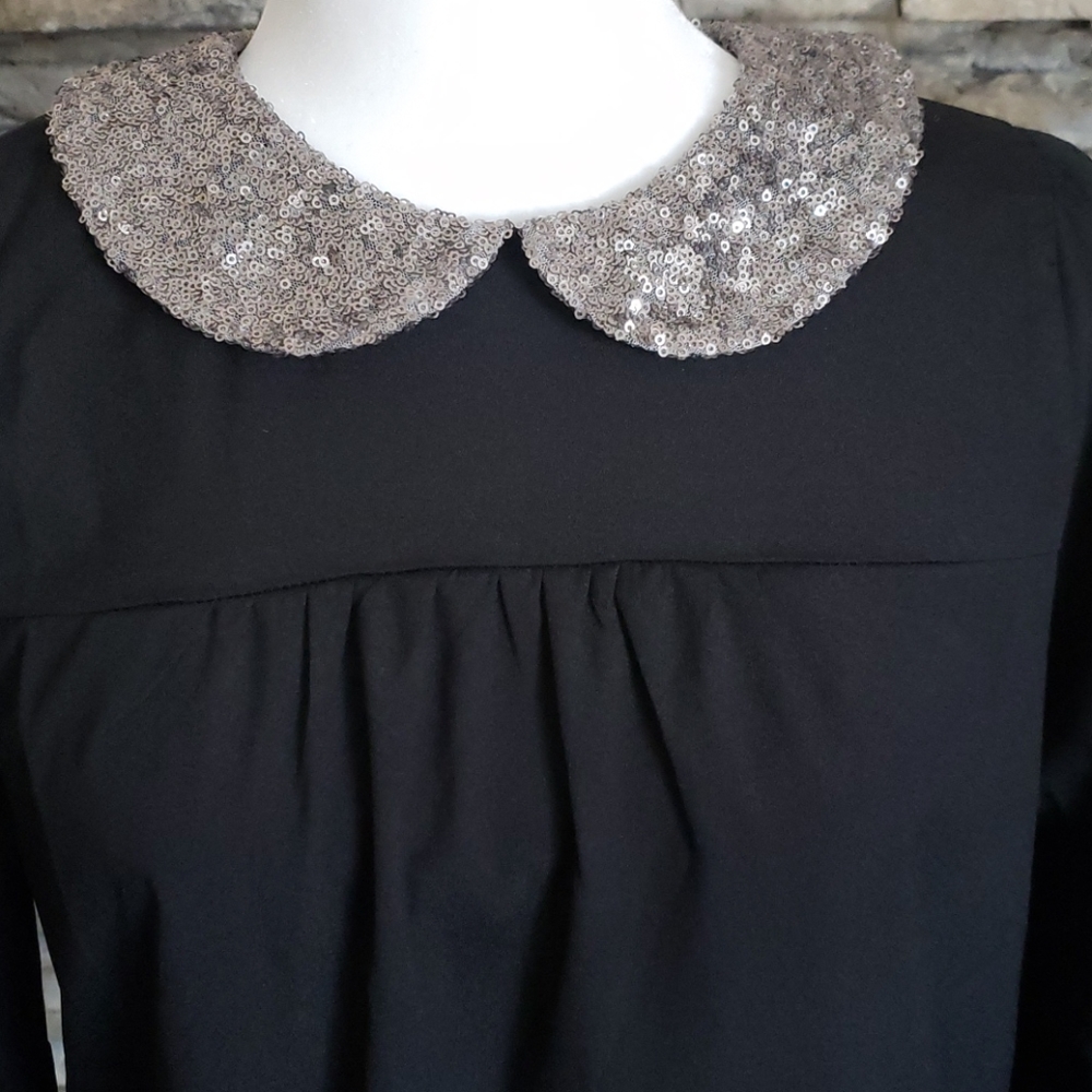 Hearts Black Blouse with Sequined Collar
